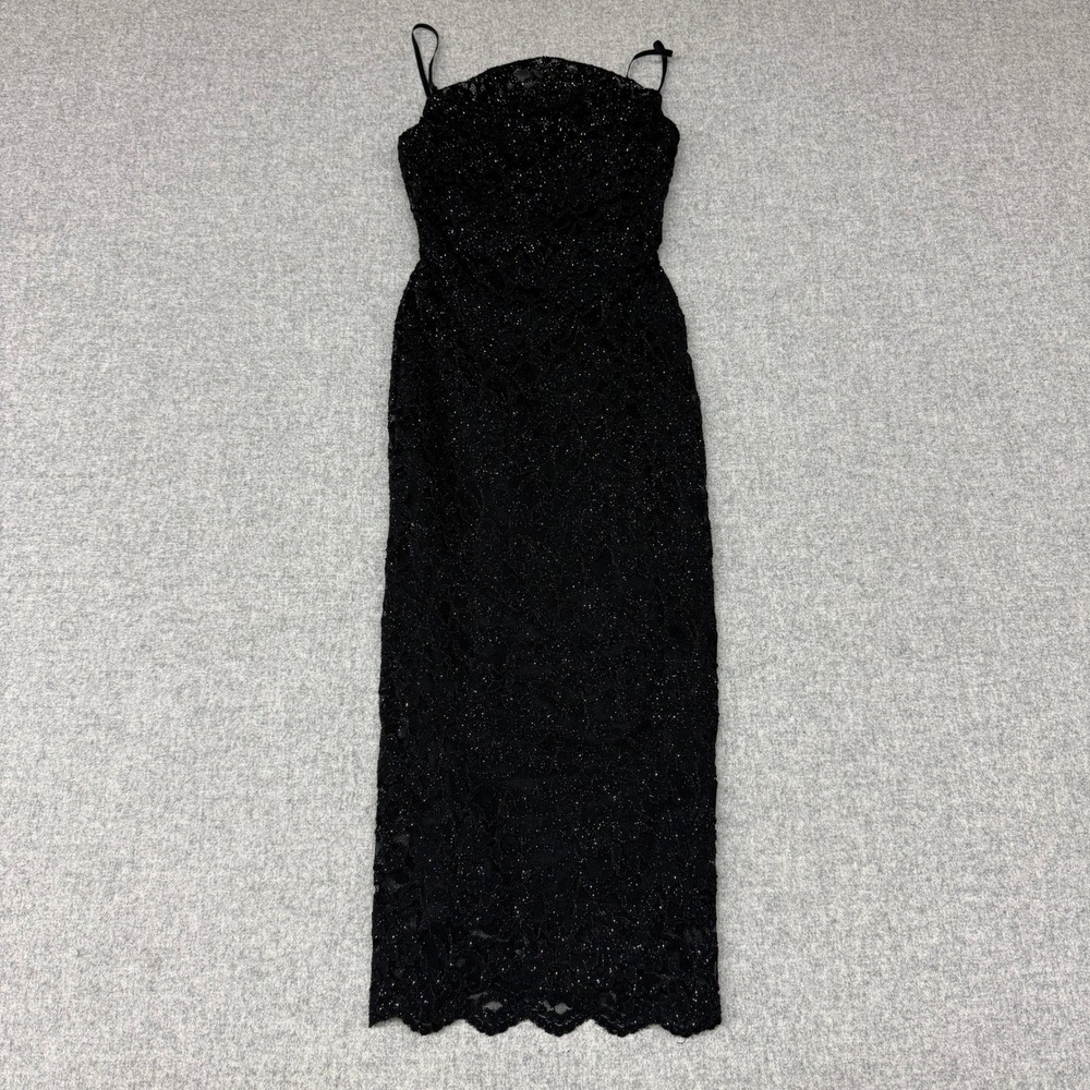 January 7 | Lace Midi Dress | Small | Black | Glitter Scalloped Hem Spaghetti St